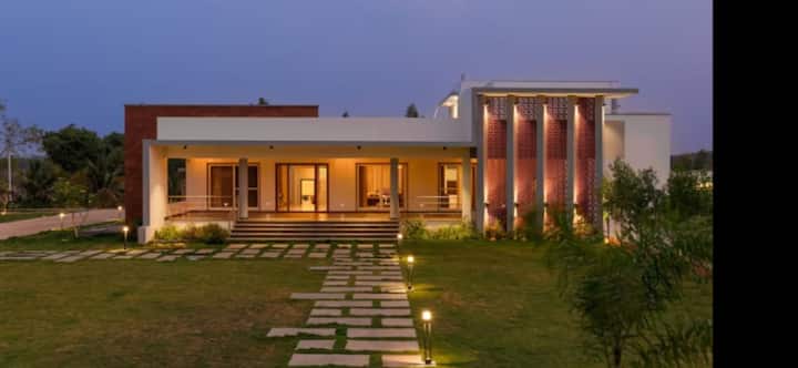 4BHK Villa with Private Pool & Sprawling Lawns Near Bangalore | ( 4 ) — Night Exterior — Villa & Pool
