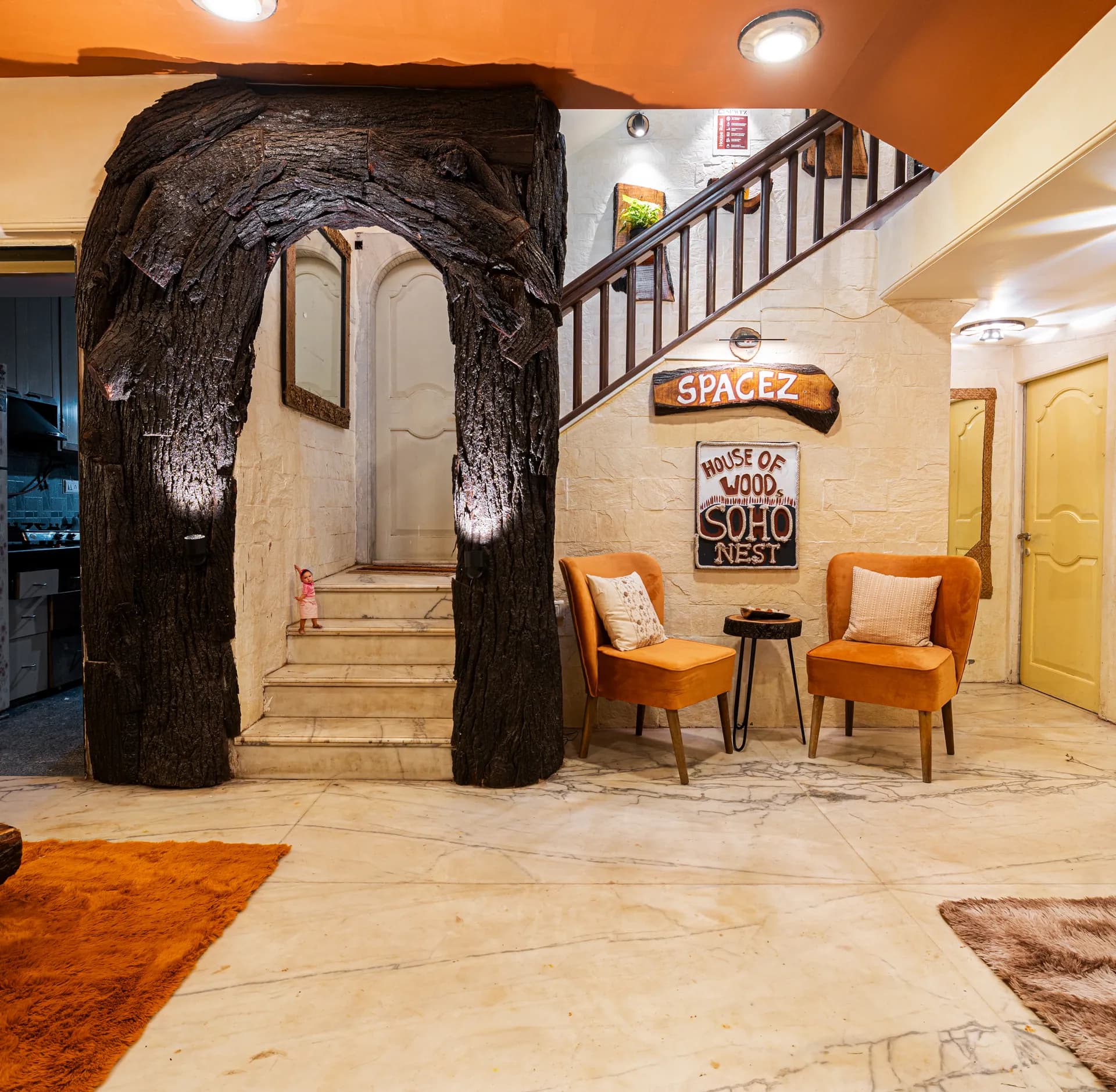 Soho Nest – 4BHK Wooden Retreat with Garden & Fountain — Living Area