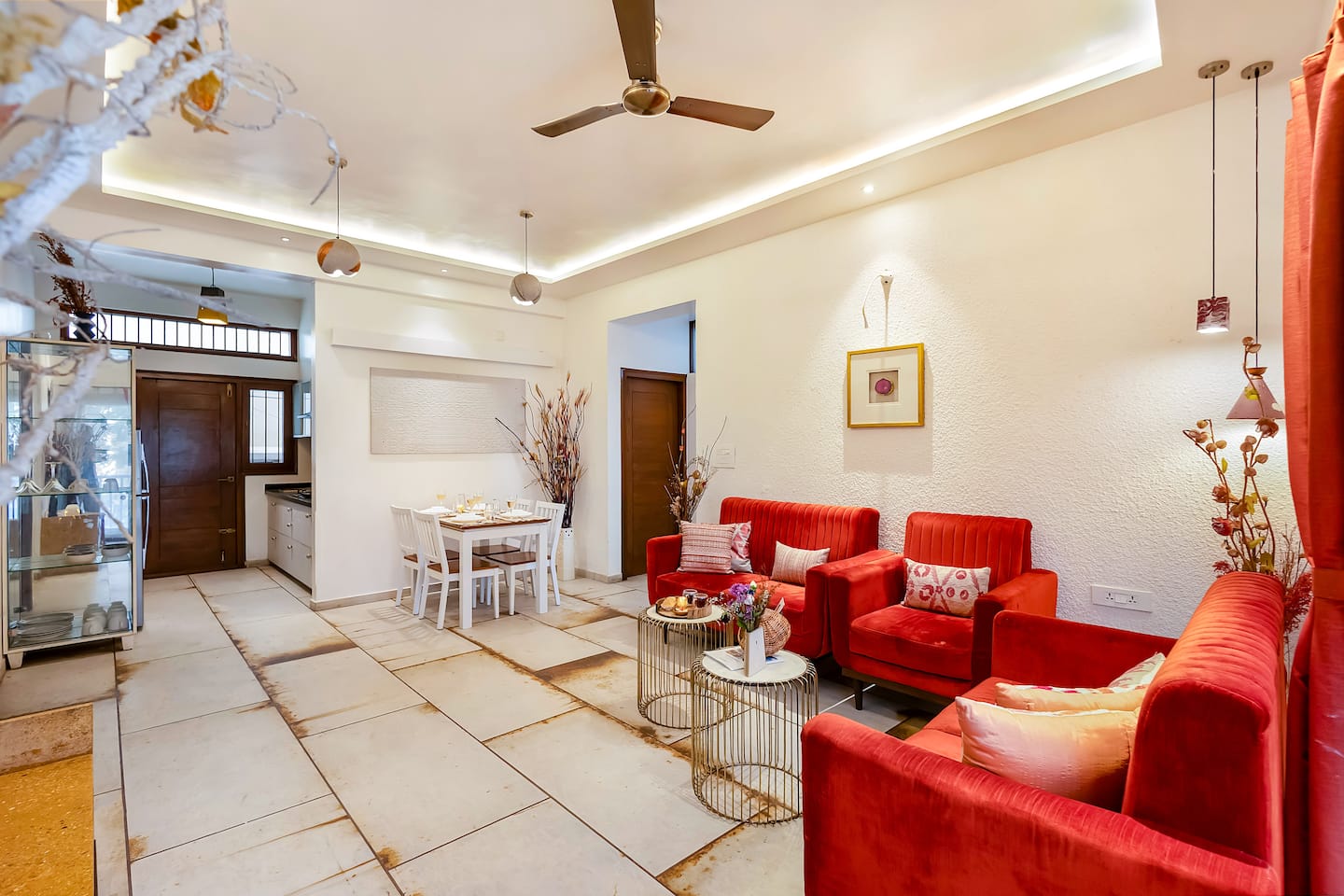 Earthy Bohemian Apartment with Bas-Relief Murals, HRBR Layout — Living Room