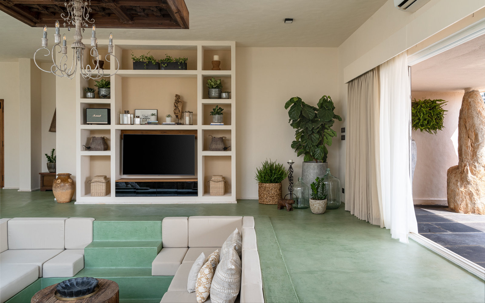 Mountain-Side Aesthetic Villa with Courtyards & Private Pool, Yellodu — Sunken Living Room