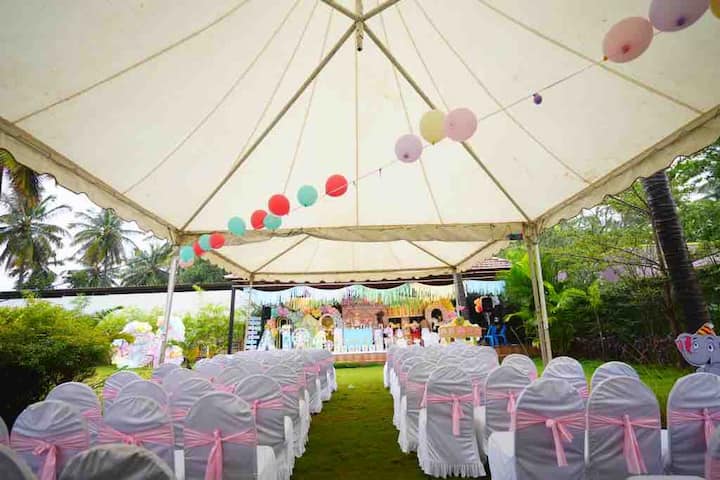 Farmhouse Resort with Pool, Pavilion, Bar and Game Room (  7 ) — Outdoor Event Lawn with Tent Setup