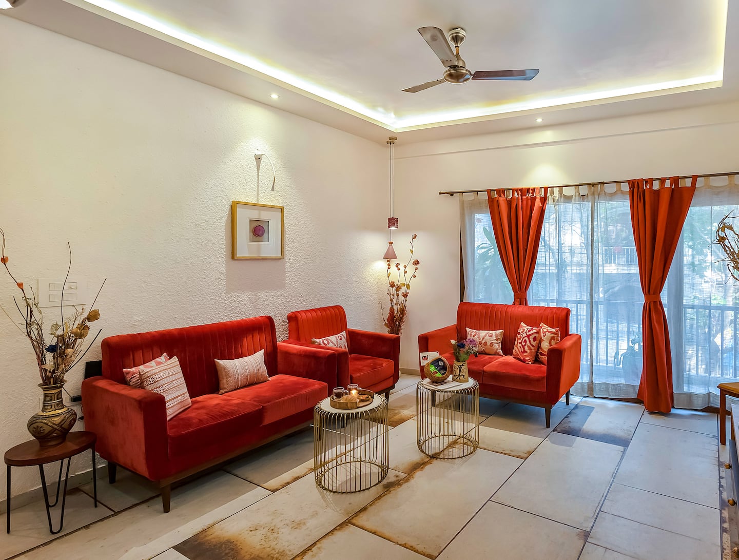 Earthy Bohemian Apartment with Bas-Relief Murals, HRBR Layout — Living Room
